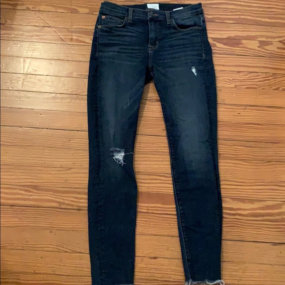 Hudson frayed hem mid rise stretch jeans.